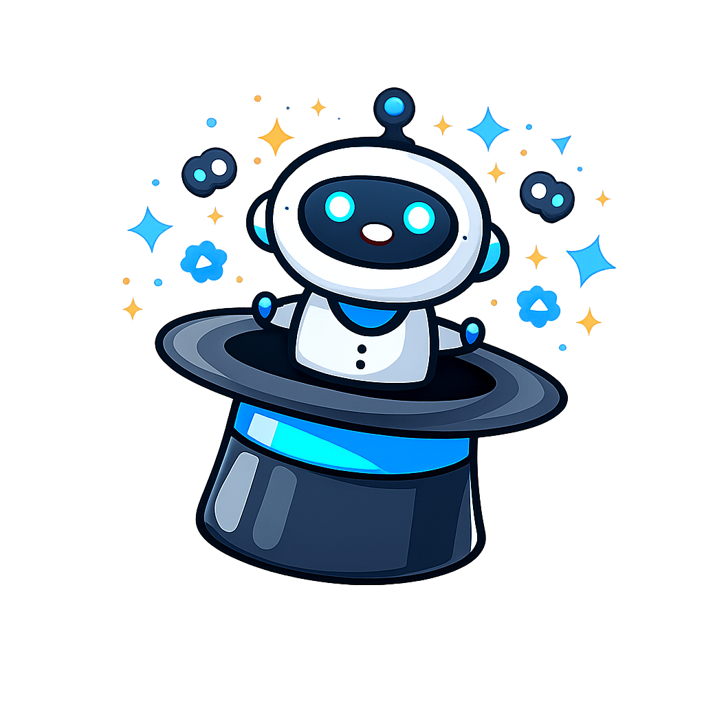 BotHat robot mascot emerging from a magician hat